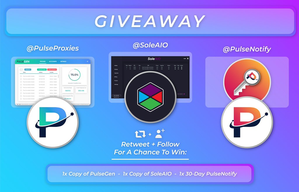 soleaio's tweet image. 🚨 FLASH GIVEAWAY 🚨

ONE WINNER

1x Renewal Copy of SoleAIO
1x Copy of PulseGen
1x 30-Day PulseNotify Membership

Rules:

Retweet &amp;amp; follow @SoleAIO, @SoleSorcerer, @PulseProxies, @PulseNotify to win. ☑️️

Winner picked in 24 hours!