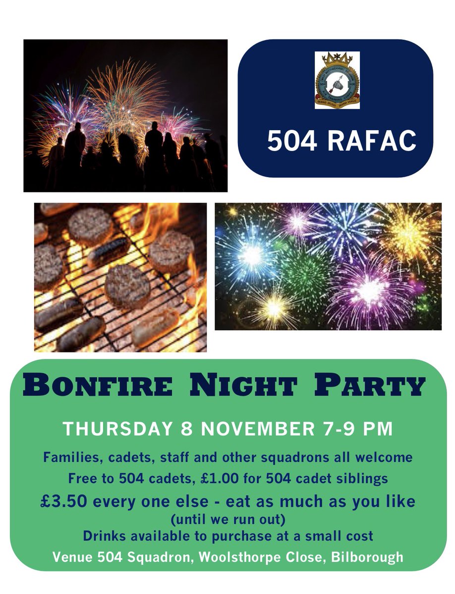 504 (West Nottingham) Squadron invite all to our annual 🎆 fireworks 🎇 party: #Team504 #whatwedo #BBQ #fireworks @aircadets @SEMidsWgATC