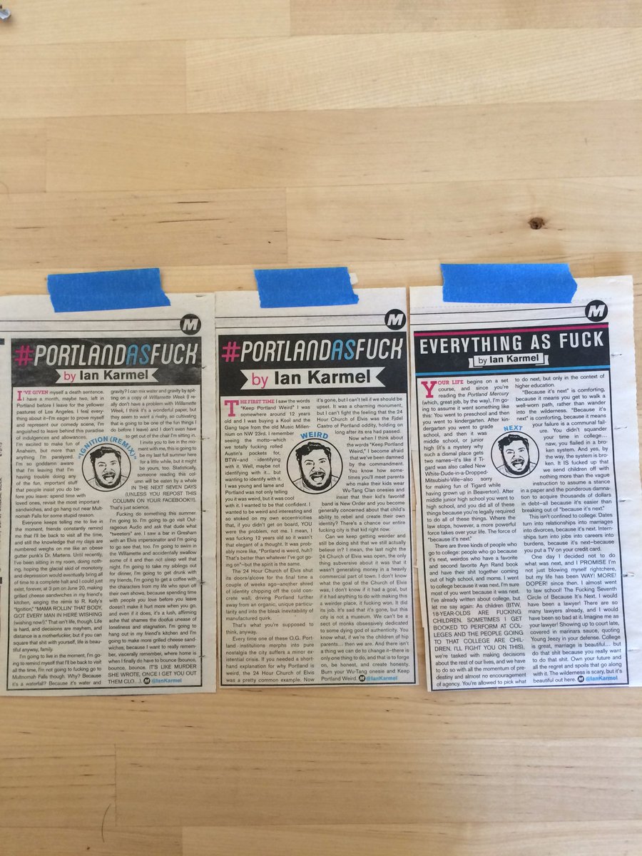 leedlehands's tweet photo. @IanKarmel @portlandmercury These #PortlandAsFuck articles have been living in our kitchen. Nice to re-read from time-to-time. #RefrigeratorWisdom Thanks๐ค https://t.co/fbCpLODHXV