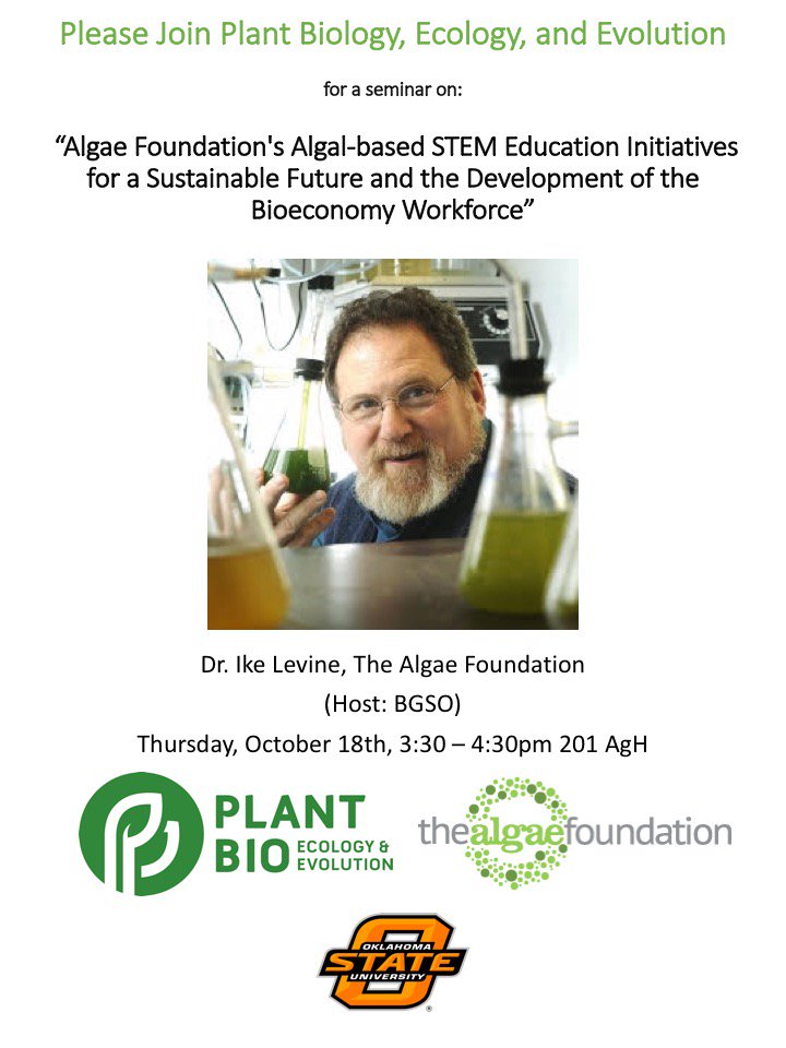 dtfranks89's tweet image. I couldn't make it to #algae2018 this year and the #FOMO is real. However, I am absolutely stoked to be hosting Dr. Ike Levine and the #Algae Foundation for a seminar here @okstate. The #algaeindustry knows no bounds and #Oklahoma is no exception! #okstate #HHMI #STEM