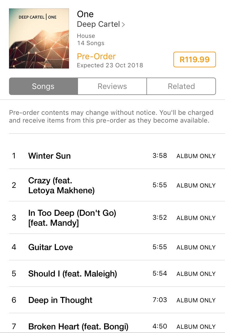 DeepCartel_SA's tweet photo. ...debut album available for pre-order on iTunes. Long time coming, but it’s finally here! 🙌🏽🙌🏽🙌🏽🙌🏽🙌🏽
Deep Cartel - One
https://t.co/FIzcCQMsIk
Available soon... ❤️❤️❤️
#DebutAlbum #DeepCartel #One https://t.co/v8ifA5kv96