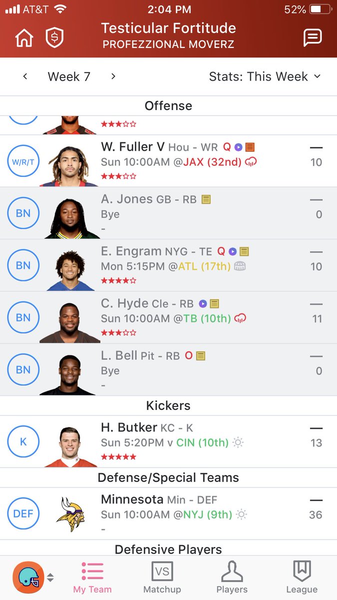 JoshRiddlej27's tweet photo. @MatthewBerryTMR I’m in a 16 team league, here’s my current roster. Week 2 someone offered me Bell for Mahomes (at the time I  couldn’t accept offer fast enough). Any advise moving forward? https://t.co/ajuMoNVZw3
