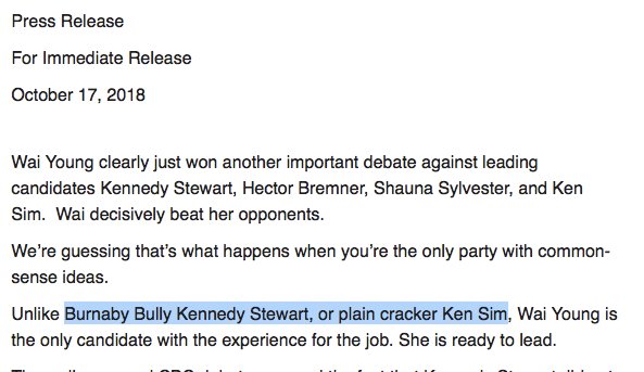 Changing gears for a moment from #Cannabis Legalization coverage today to the wild world of #VanPoli, looks like @WaiYoung has come up with some new nicknames for her rivals in this weekend's #Vancouver Mayoral Race: 'Burnaby Bully' @kennedystewart & 'plain cracker' Ken Sim.... ?