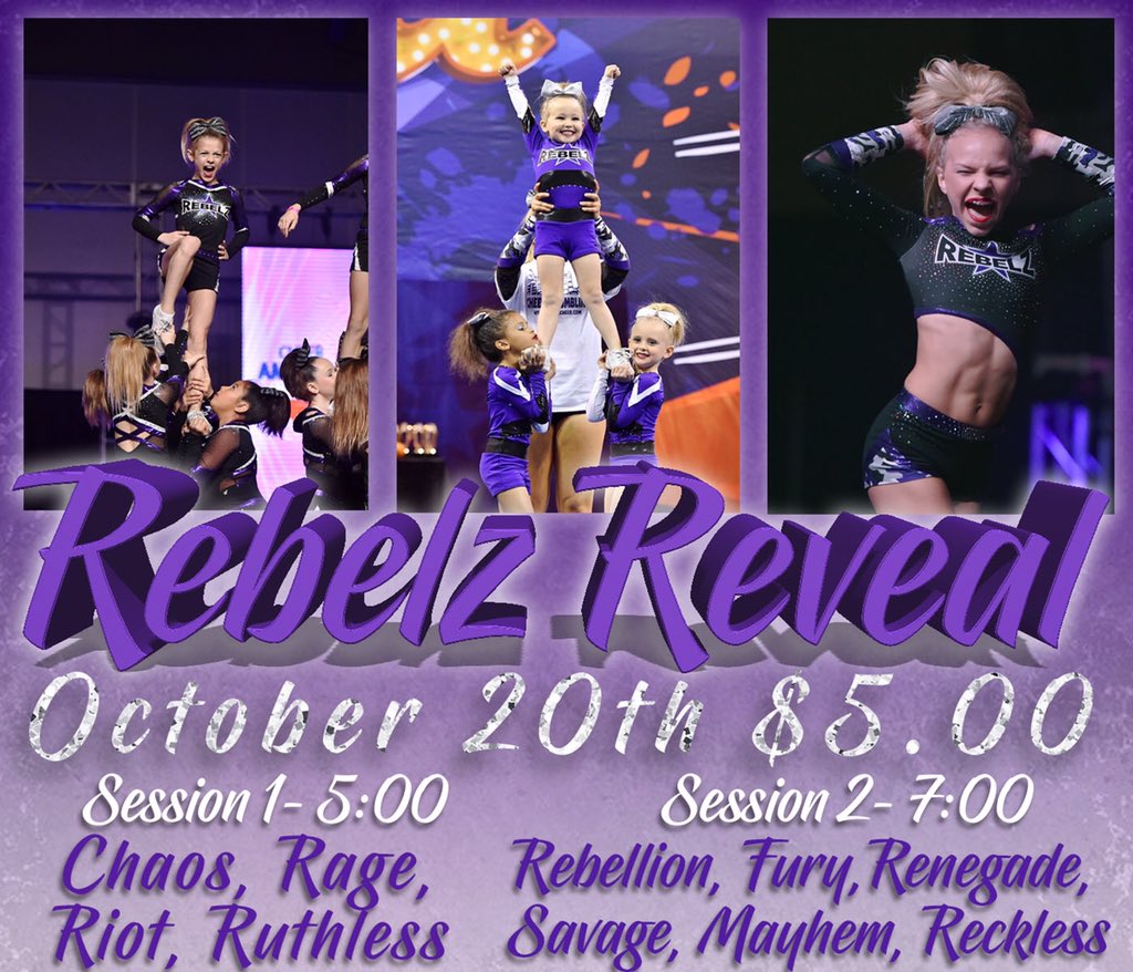 Come support our Rebelz athletes this Saturday evening! $5 gets you into both sessions!! There will also be a pop up Nfinity shop! 💜🖤 #season8isgonnabegreat #rebelzcheer #rebelzreveal #showoffs