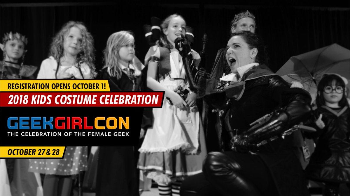 GeekGirlCon's tweet photo. The last day to sign up for the Kids Costume Celebration (for kids age 12 &amp; under) AND the Cosplay Costume Contest for those 13+  is Sunday, 10/21 at 11:59 p.m. Kids sign up at https://t.co/oTdKE8MGDW. For those 13+, you'll want to sign up at https://t.co/oTdKE8MGDW #GGC18 https://t.co/JRXPNWvaYe