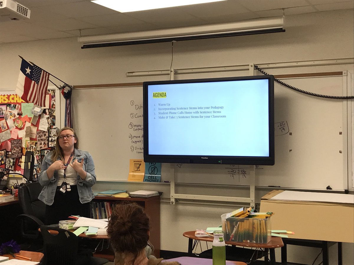 Davis9_AISD's tweet photo. Supporting our ELL students by incorporating Sentence Stems as a class warmup. This can be done through every department! Thank you for some great ideas and a take-away activity, Ms. Ryan! #SIOPTraining #sentencestems @DrCBenge @AldineISD @jkmetcalf1 @hightower_333 https://t.co/HOyrkJLgye