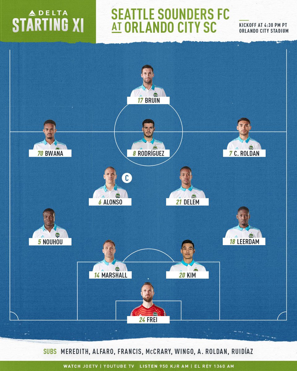 SoundersFC's tweet photo. Here’s your @Delta Starting XI for today’s match vs. @OrlandoCitySC! 

Tune in to JOEtv or YouTube TV for #ORLvSEA at 4:30 p.m. PT.

➡️ https://t.co/s08qbC8uXb https://t.co/J9Wa7iW69I