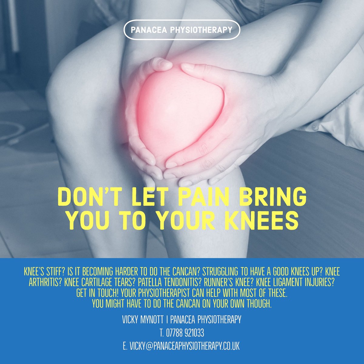 panaceaphysio's tweet photo. Stiff knees? Struggling to have a good knees up? Knee arthritis? Runners knee? Knee ligament injuries?

Feel free to make an appointment; your Physiotherapist can help with most of these.

#Pilates #HenleyonThames #BinfieldHeath  #physio #Physiotherapy #Henley #Pilates1to1 https://t.co/tnyvjtizPh