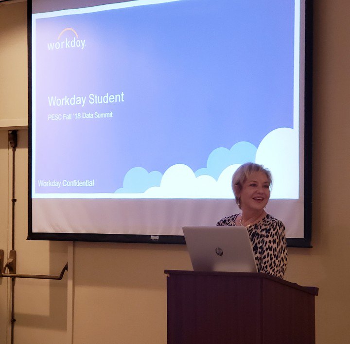 PESCupdates's tweet photo. HAPPENING NOW: @Workday Vice President of Student Strategy & Product Development Liz Dietz speaks on "Workday Student - Disrupting the Status Quo". #PESCfall18summit @lizdietz1209 https://t.co/HMyYIUdTFX