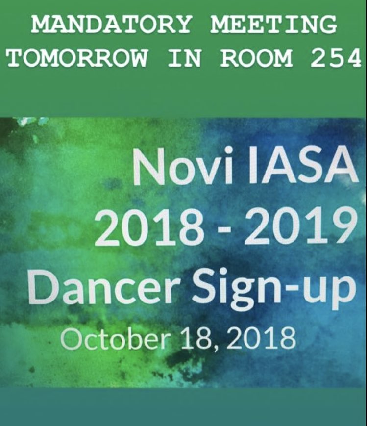 novi_IASA's tweet photo. Hey guys! Just a reminder that we will be having a MANDATORY MEETING tomorrow right after school in room 254(Mr. Nuckolls room). BRING $10 and have your top three dance preferences ready. Spread the word!! https://t.co/7a33sXyIc6