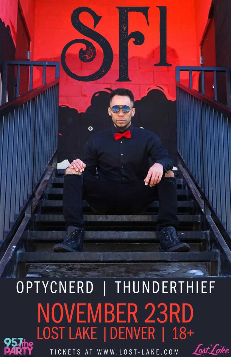 SF1music's tweet photo. .@957theparty presents me, SF1 at @LostLakeDenver November 23rd! Grab tickets at https://t.co/ZLAo35dVp0

Photo by #JaeAllyce

#sf1music #sf1andthecrew #cornbreadent #bigtopentertainmentllc #957theparty #lostlake #optycnerd #thunderthief https://t.co/R5K1JxfyE7