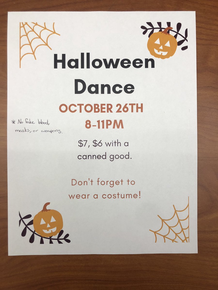 MascomaRoyals's tweet photo. Halloween Dance!!! Oct. 26 8-11pm. $7, $6 w/ a canned good. Dress up for the costume contest! No fake blood, masks or weapons... 🎃 #mascoma #halloween https://t.co/GRVkUCdi9B