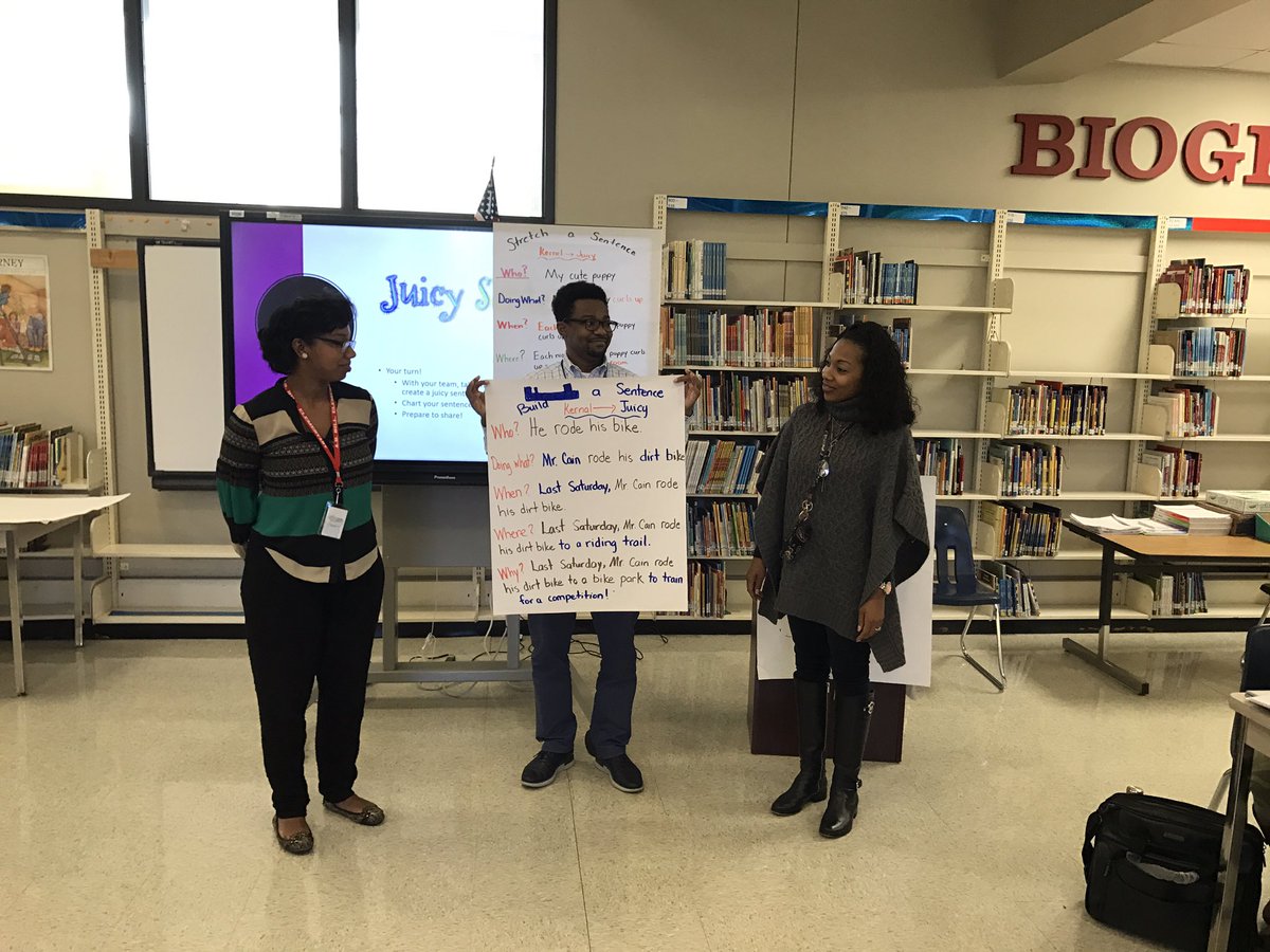 Elementary iZones ELA Admin and/teacher content leads engaged in learning strategies for composing and decomposing Juicy Sentences to develop our students' writing abilities. #buildingcapacity