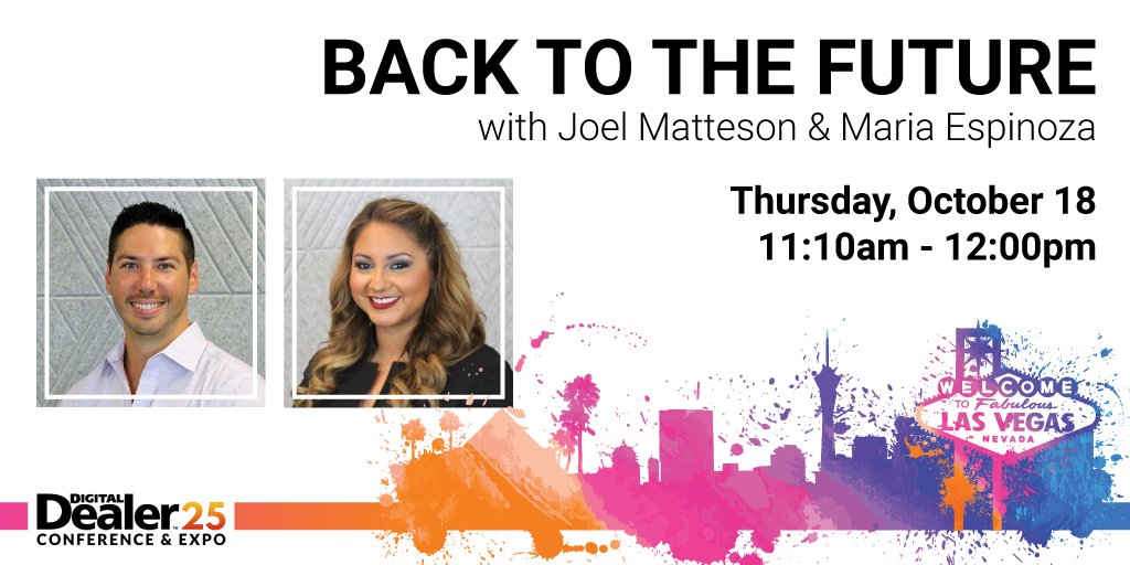 dealereprocess's tweet photo. Mark your calendars for TOMORROW (Thursday), Dealer eProcess' very own Joel Matteson and Maria Espinoza will be bringing you BACK TO THE FUTURE at #digitaldealer25! Reserve your spot: https://t.co/xHIEmukq42 #dd25 #dealereprocess #dep https://t.co/w4MOikDbl7