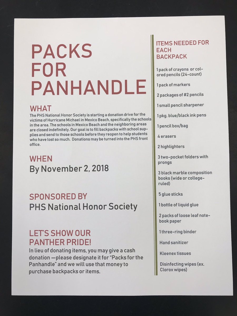 MrsConnerPHS's tweet photo. Please support the PHS National Honor Society in this service project for the schools near Mexico Beach. Please contact me, the PHS front office, or any NHS member if you have any questions. https://t.co/TGfK4axw77