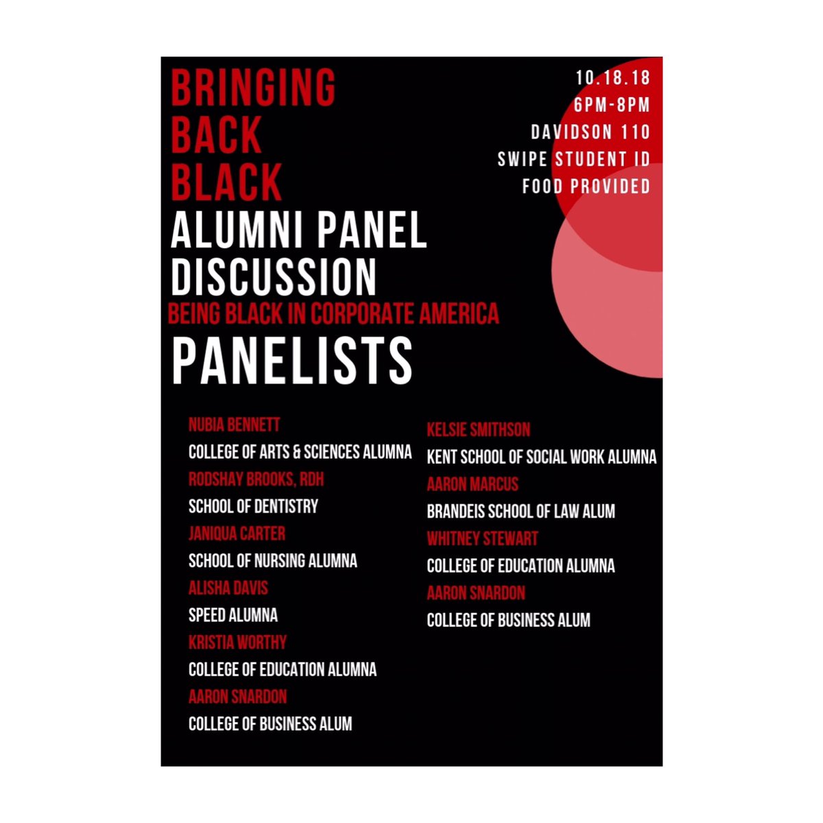 bsuuofl's tweet photo. TOMORROW: BSU Presents the Bringing Back Black the Alumni Panel Discussion. Get your questions answered from Alumni about what is like to be Black In the workforce.
----------------------------------------------
Date: 10.18.18
Time: 6PM-8PM
Where: Chao Auditorium
#BSUUOFL https://t.co/IPICbofNBm