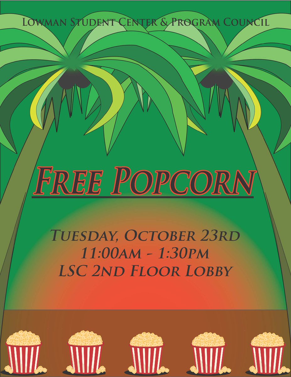 SHSULSC's tweet photo. @shsu_pc and the LSC are teaming up for #Homecomingweek2018 Stop by the LSC 2nd floor lobby at 11am for #FREE popcorn!!! #SHSU #Bearkats https://t.co/j23EgUw1ec