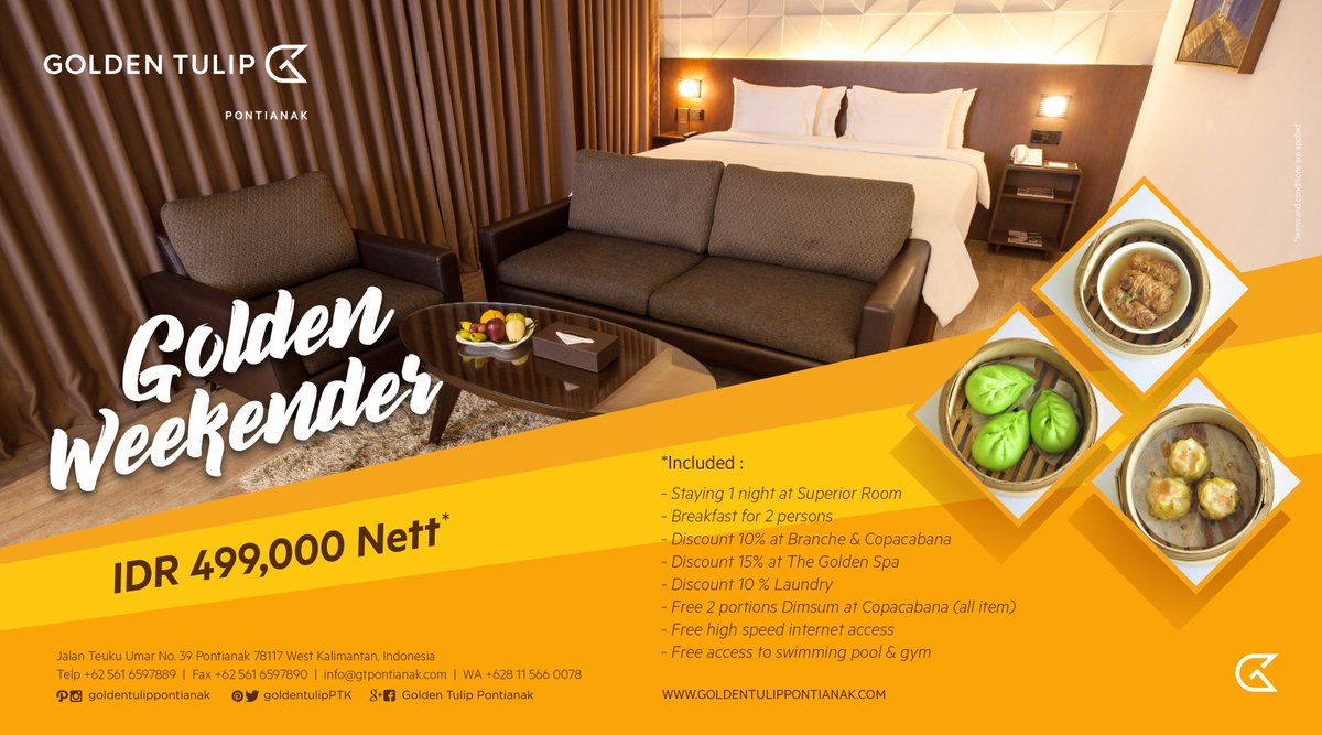 GoldenTulipPTK's tweet photo. Golden Weekender berlaku mulai hari Jum'at - Minggu dan dapatkan free 2 porsi Dimsum.
Informasi & Reservasi : 0811 566 0078
#gtpo
#Weekendseru
#Dimsum
#roompackage https://t.co/qH9sIjBKTl