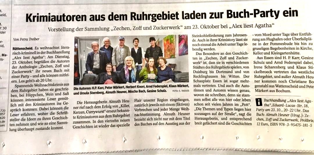 GesineSchulz's tweet photo. 📚Krimiautoren aus dem #Ruhrgebiet laden zur Buch-Party ein🎉 . Dienstag, 23.10.18 ab 20 Uhr bei #AlexLiestAgatha, Essen-Rüttenscheid. Von Petra Treiber /@krimipeti in der gestrigen WAZ. https://t.co/6vZmx0wpX3