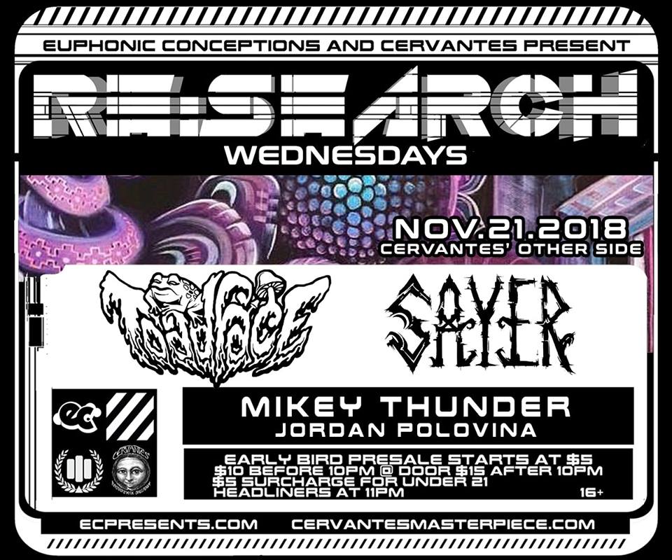 CervantesDenver's tweet image. Are you ready for this one?
@ECpresents #ReSearchWednesdays ft #Toadface and #SAYER with @mikeythunder101 and @JordanPolovina at Cervantes' Other Side on Wednesday, November 21st.
Supported by @303MHSM &amp;amp; @PartyGuruDenver