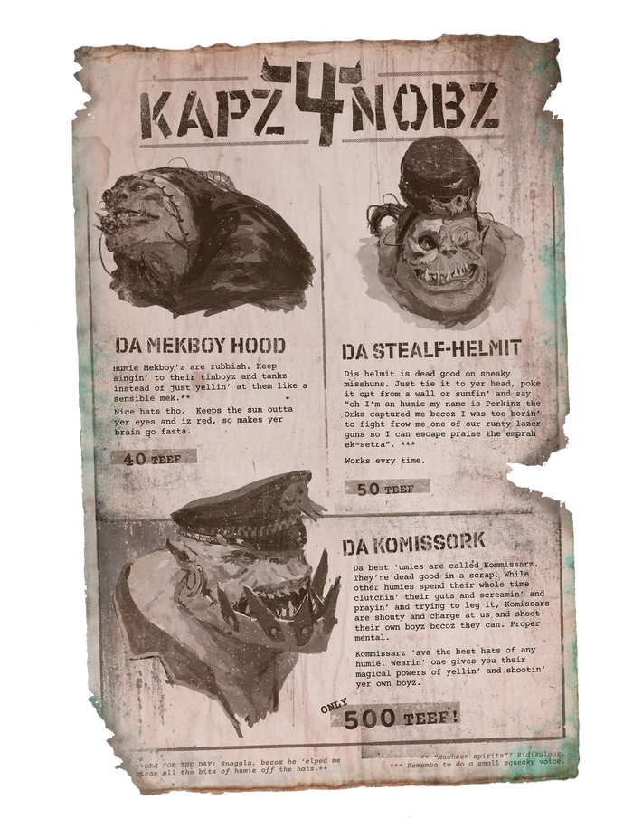 ウォーハンマー公式jpn 40kコラム グァーグ 必読の週刊コラム レジメントル ボスポール が今週も更新 原始的なニンゲンの唯一の良い発明 帽子 叫んで喚くだけの奴らの帽子を被れば奴らの様に大きい声が出る 本日のオルク スナッグラー 帽子を