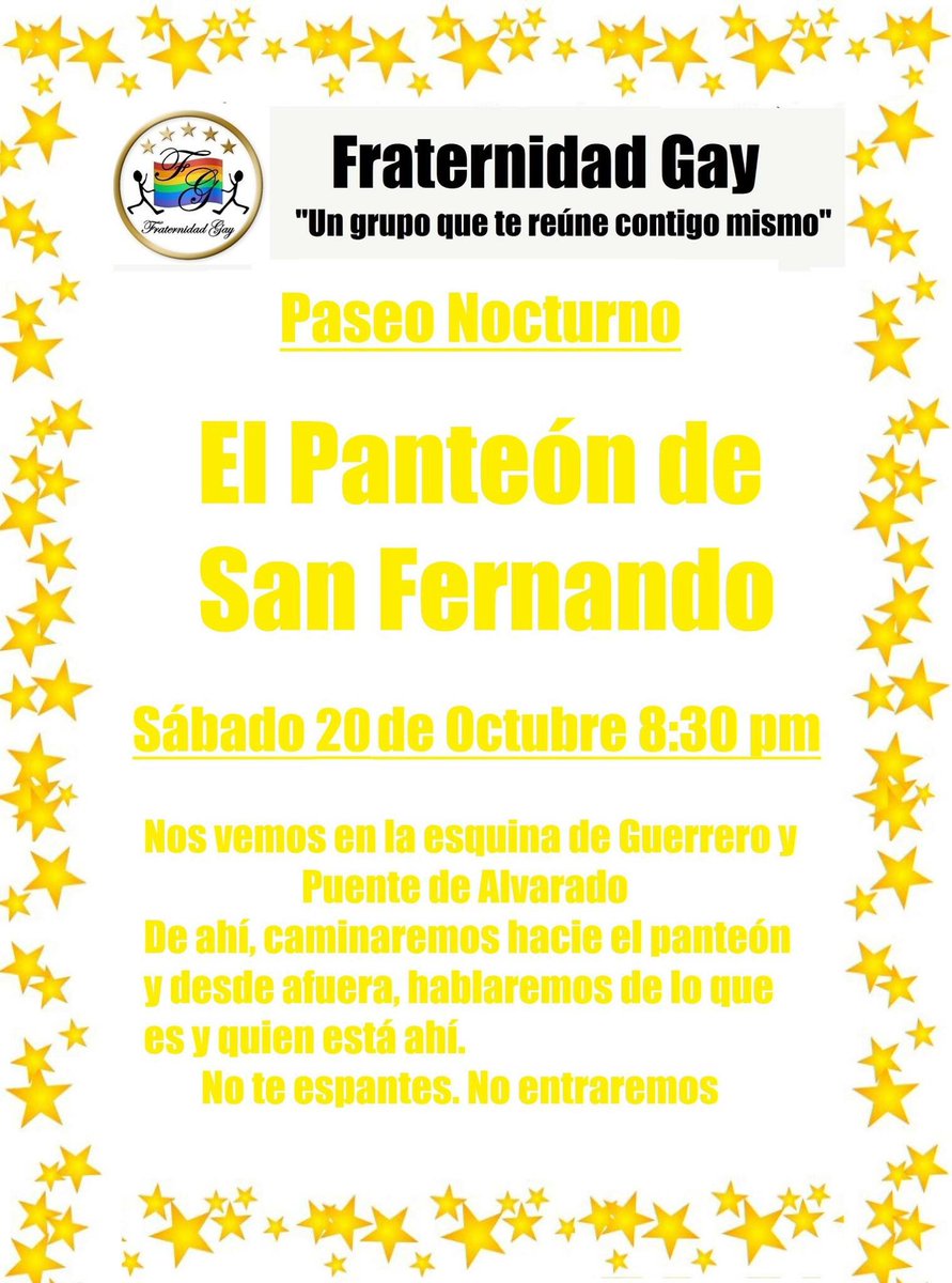 fraternidadgay's tweet photo. Amigos: Este sábado vamos a pasear !!
"El panteón de San Fernando"
No te espantes, no vamos a entrar, sólo por fuera.
Ahí platicaremos de que es y quien está ahí.
#FraternidadGay
"Un grupo que te reúne contigo mismo"
#CDMX #panteon #paseo https://t.co/AZp0GShoXS