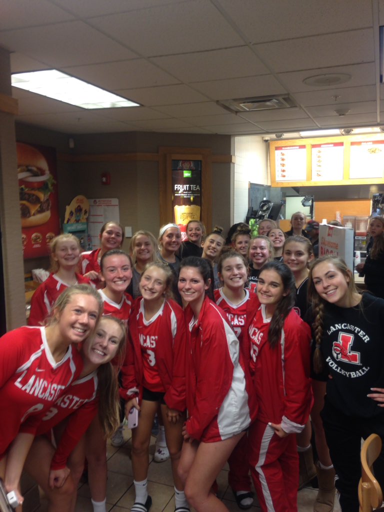 lancaster_vb's tweet photo. What else would you do after a BIG win......go to Wendy's!!!! JV and Varsity beat Will East. Varsity wins in the fifth set 27-25🔴⚫️🔴⚫️ https://t.co/2jQSiChTwX