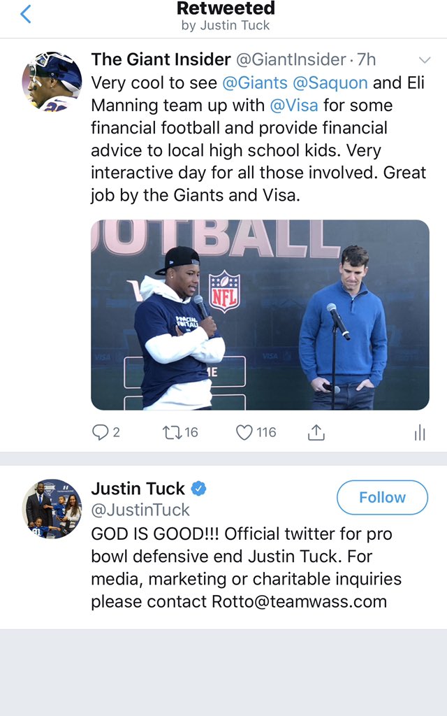GiantInsider's tweet photo. I see @JustinTuck retweeting us. #GoldmanSacks #TuckRules https://t.co/uwFobZ8nvP