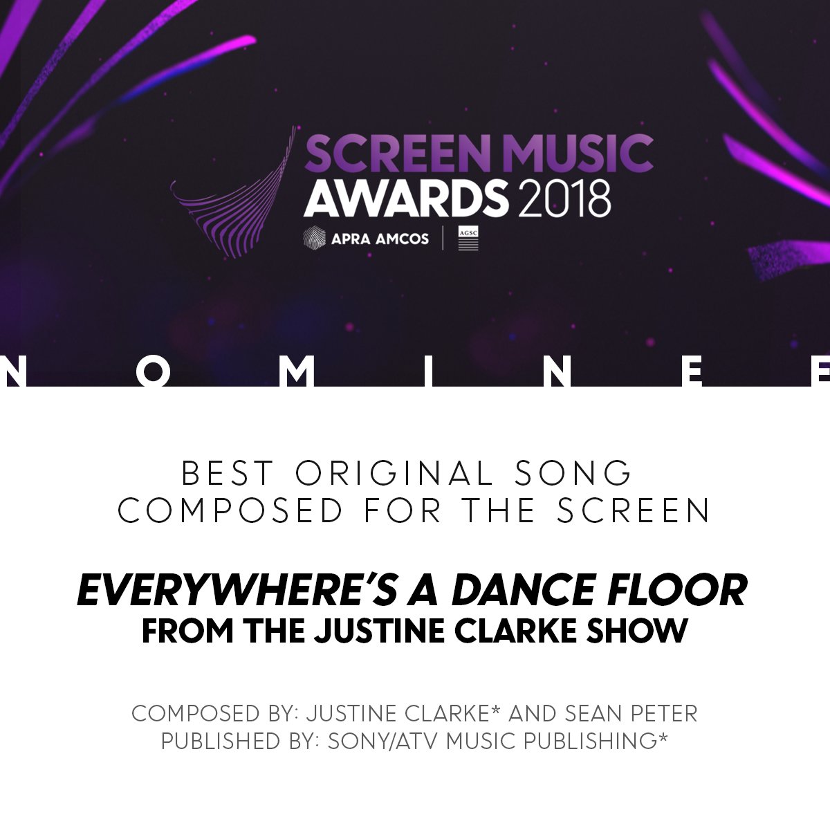 Everywhere's A Dancefloor has been nominated for a Screen Music Award!! Thrilled and honoured to receive this nomination with the very talented @seanpetermusic Congratulations to everyone. <a href="/APRAAMCOS/">APRA AMCOS</a> #ScreenMusicAwards