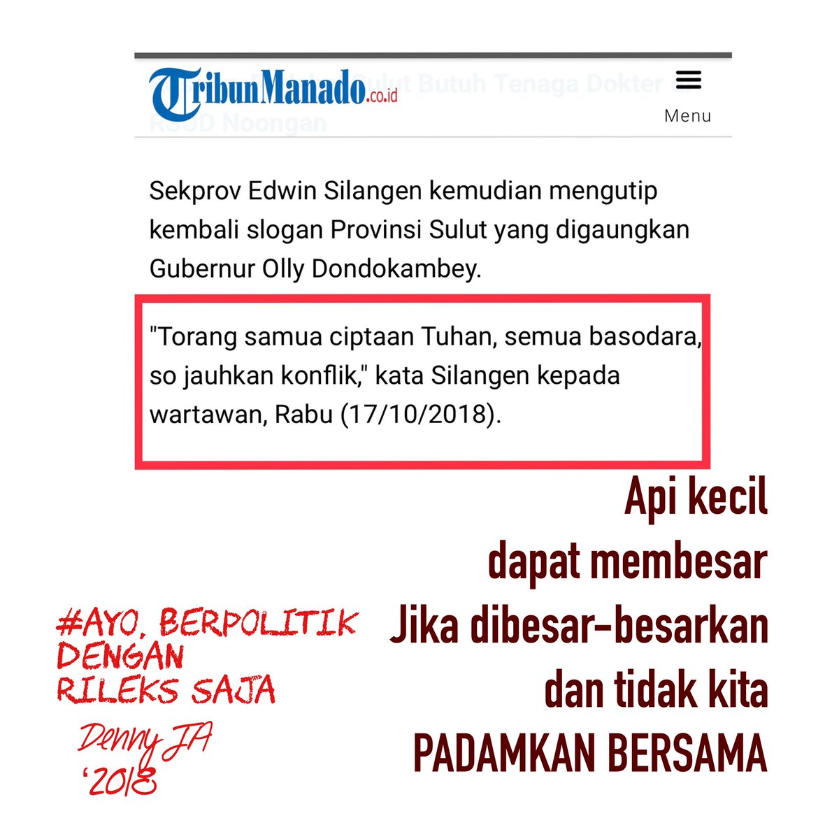 DennyJA_WORLD's tweet photo. Jadilah bagian yang memadamkan api, jika tak ingin rumah Indonesia, rumah kita bersama terbakar. Apa gunanya menang jika mendapatkan abu dan badan sendiri yang hangus terbakar https://t.co/EHjuvhGwFm