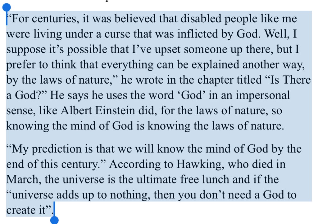 karmabhutia's tweet image. “It was believed that disabled people like me were living under a curse that was inflicted by God. I suppose it’s possible that I’ve upset God, but I prefer to think that everything can be explained another way, by the laws of nature,” #StevenHawking

m.hindustantimes.com/science/there-…