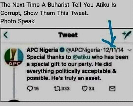 Adoladokun's tweet photo. Today what we hear or read from Hailers/APC is Atikuloot, Atikucorruption, Atiku that and so on.  But in 2014 when he was in your camp.  You had this to say about him.  We cant be fooled forever!! @Mz_Tolumeduna  @atiku @BrosManney  @Mikepeter2657 @Tutsy22 @Jichol247 https://t.co/ZZJZnEs61Y