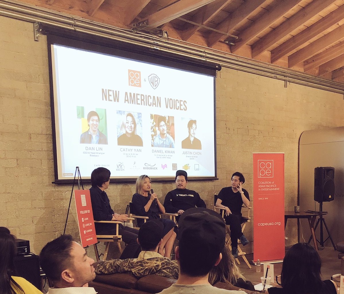 CAPEUSA's tweet photo. PACKED HOUSE at #RidebackRanch for our ALL ASIAN FILM DIRECTORS panel featuring Cathy Yan (#BirdsOfPrey), @dunkwun (#SwissArmyMan), @justinchon (Gook) and CAPE Board member and #Aladdin Producer Dan Lin as our mod! https://t.co/FbaXkm7xIB