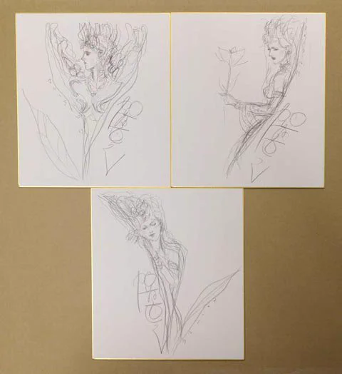 ついでに、中日新聞東海本社に頼まれている色紙も描いてしまいます。こちらは普通に売られている色紙ではなく、水彩用の紙を使った色紙です。鉛筆で描いたとき、ちゃんと消しゴムが使えるのよ。

画像は前回(前々回だったか)のもの。 