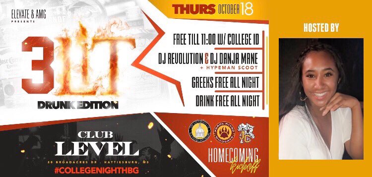ConnectUsm's tweet photo. #USMHOCO2018 #TomorrowNite
#3LITDRUNKEDITION ONLY AT #ClubLeVeL....
WHY PAY AFTER 10 When We LETTING #EVERYBODYFREE TIL 11pm and #DrinkFreeAllNite and #GreeksFree ALL NITE. https://t.co/nwCBT6C2IX