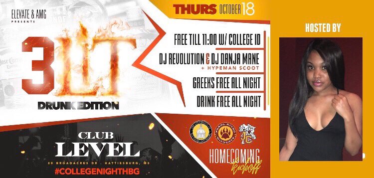 ConnectUsm's tweet photo. #USMHOCO2018 #TomorrowNite
#3LITDRUNKEDITION ONLY AT #ClubLeVeL....
WHY PAY AFTER 10 When We LETTING #EVERYBODYFREE TIL 11pm and #DrinkFreeAllNite and #GreeksFree ALL NITE. https://t.co/nwCBT6C2IX