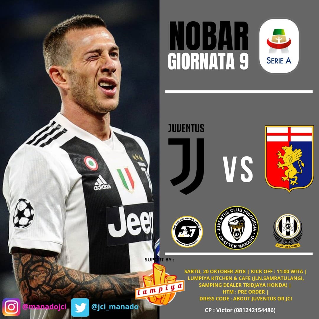 JCI_Manado's tweet photo. INFO STREAMBAR

"JUVENTUS FC VS  GENOA C.F.C"

📆 Sabtu, 20 Oktpber 2018
⏰ Pukul 11.00 WITA
📍 Lumpiya Cafe,Jln. Samratulangi (Samping Dealer Honda Tridjaya Titiwungan) https://t.co/gv9NwFpAjn https://t.co/B0SOZh1i7w