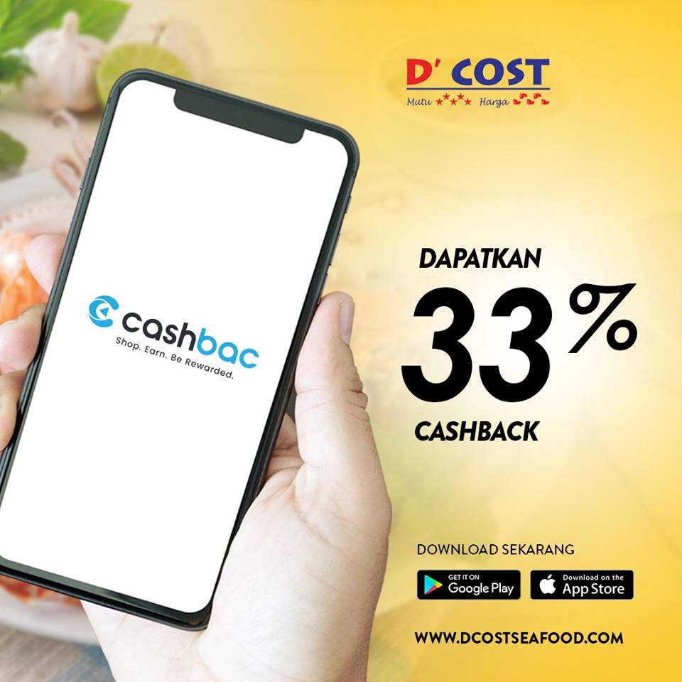 Hi seafood lovers! Buat  yg suka makan di D'COST Seafood ada PROMO menarik nih! Kalian bisa dapetin cashback 33% mulai 11 Oktober - 31 Desember 2018. Caranya kalian download aplikasi Cashbac di App Store atau Google Play dan transaksi menu favorit di D’Cost! #CashbacBikinHappy