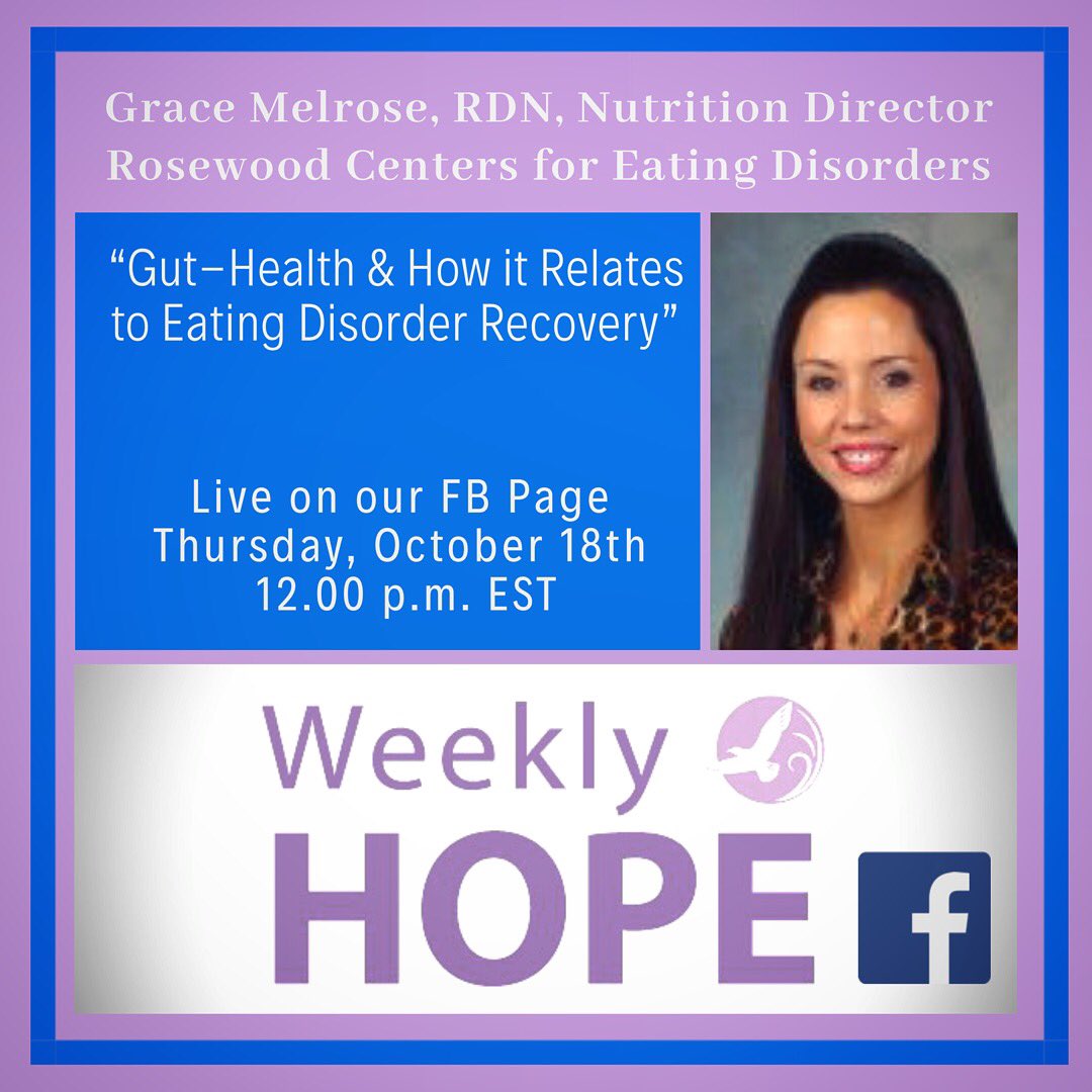 We are going live TODAY at 12 pm EST on our Facebook Page for #WeeklyHope! <a href="/KirstenHaglund/">Kirsten Müller-Daubermann</a> chats with Grace Melrose, Nutrition Director at <a href="/rosewoodcenters/">Monte Nido Rosewood</a> about gut-health and eating disorder recovery... a super interesting and oft-under-adressed topic. Bring your questions!
