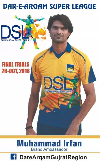 We at Dar-e-Arqam Schools, Gujrat Region are Glad to introduce you Dar-e-Arqam Super League (DSL) Brand Ambassador, International Cricketer, Tall & Fast Bowler Legend Muhammad Irfan
#MuhammadIrfan #DSL #Dar_e_Arqam #PSL #PCB #CricketTrials #DareArqam #GujratTrials