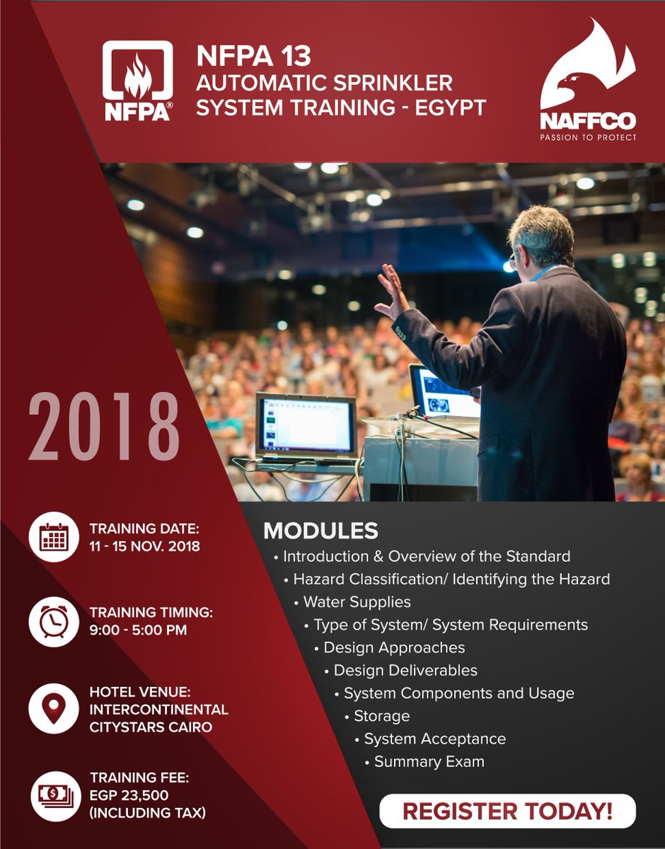 naffco's tweet photo. For the first time in Egypt, NAFFCO is organizing a seminar in collaboration with NFPA on Automatic Sprinkler Systems! Send us an email at: faisal@naffco.com or call +201222997210 to register.
#NAFFCO #PassiontoProtect #NAFFCOegypt #NFPA #Sprinkler #NFPATraining https://t.co/dYvEqHxW7U