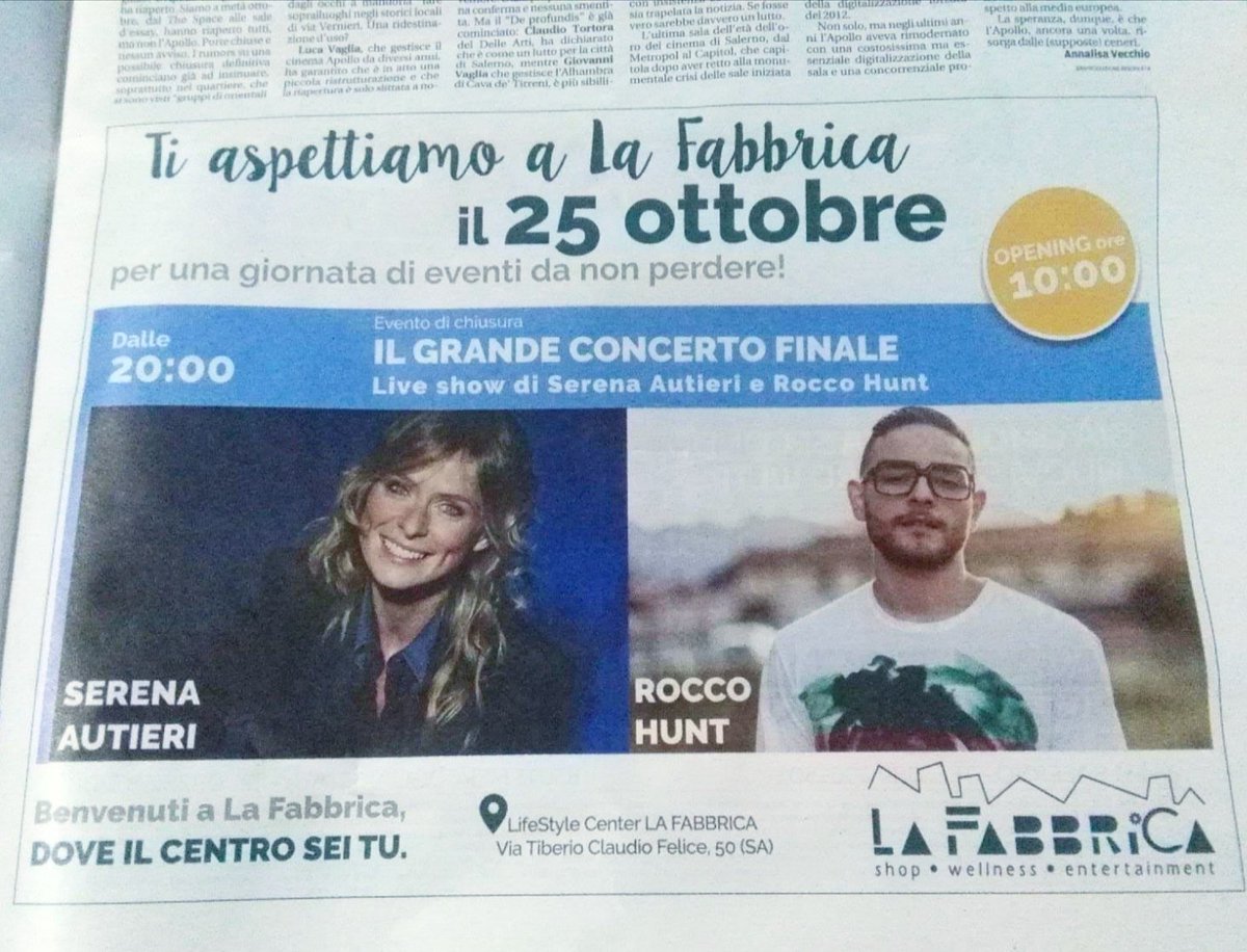 LA FABBRICA shop-welleness-entertainment (@lafabbrica_sa_) on Twitter photo Apriamo giovedì 25 ottobre! Sulla <a href="/CittadiSalerno/">la Città di Salerno</a> vi sveliamo gli ospiti dell'inaugurazione! Alle ore 20 saliranno sul palco Serena Autieri <a href="/sautieri/">Serena Autieri</a> e <a href="/RoccoHunt/">Rocco Hunt</a>! Raggiungici in via Tiberio Claudio Felice 50 per una giornata ricca di eventi! Opening area shopping #Ore10! Apriamo giovedì 25 ottobre! Sulla <a href="/CittadiSalerno/">la Città di Salerno</a> vi sveliamo gli ospiti dell'inaugurazione! Alle ore 20 saliranno sul palco Serena Autieri <a href="/sautieri/">Serena Autieri</a> e <a href="/RoccoHunt/">Rocco Hunt</a>! Raggiungici in via Tiberio Claudio Felice 50 per una giornata ricca di eventi! Opening area shopping #Ore10!