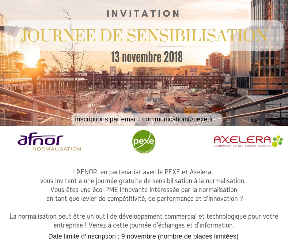 PexeFrance's tweet photo. Le 13 novembre prochain, l'@AFNOR Normalisation vous formera gratuitement à la normalisation volontaire comme levier de la productivité de votre #PME innovante.
Intéressé ? Inscrivez-vous en envoyant un email à communication@pexe.fr !  #innovation rime avec #BonPlan sur #Lyon https://t.co/FQaKdHhm6c