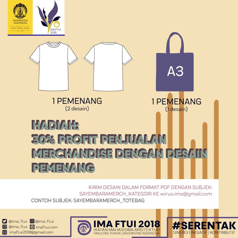 Ingin desain kamu jadi bagian dari merchandise official IMA FTUI?
Ayo ikutan SAYEMBARA MERCHANDISE OFFICIAL IMA FTUI

Ada 2 kategori yang bisa kamu desain:
1. Kaos (2 desain)
2. Totebag A3 (1 desain)

Tunggu apa lagi? Ayo submit desainmu segera dan menangkan hadiahnya!

#SERENTAK