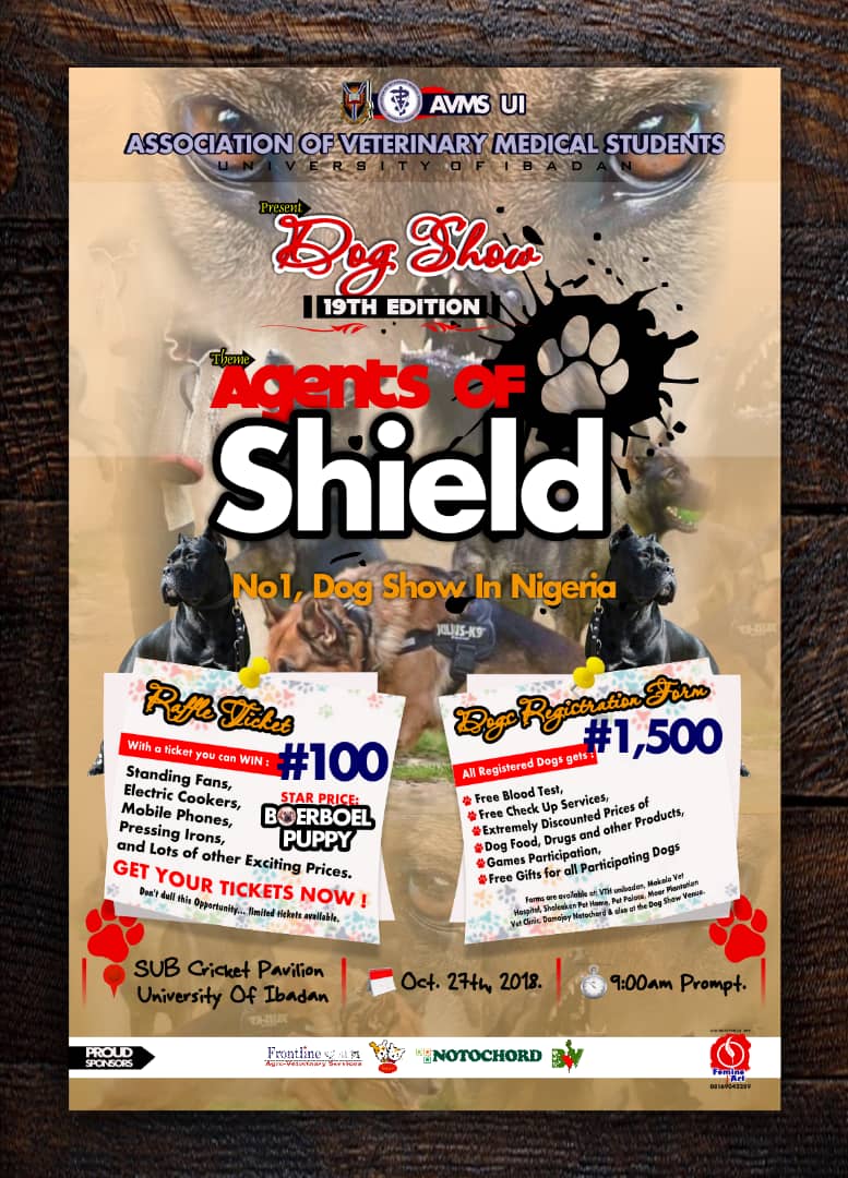 AVMS_UI's tweet image. Date:* 27th October, 2018
*Time:* 9am
*Venue:* SUB Cricket Pavilion. University of Ibadan.
*Theme:* Agents of Shield.

*9 Days to Go.*
See you there!

#dogshow
#avms_ui
#oyostatedogbreeders
#dogsinaction
#petpalace
#damojaynotochord
#dogsoftwitter 
#veterinary