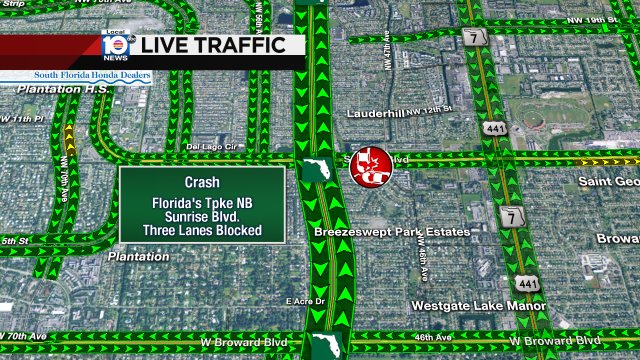 CRASH: Florida's Tpke NB & Sunrise Blvd. Three lanes are blocked. #TRAFFIC https://t.co/Ks7skVBv7I