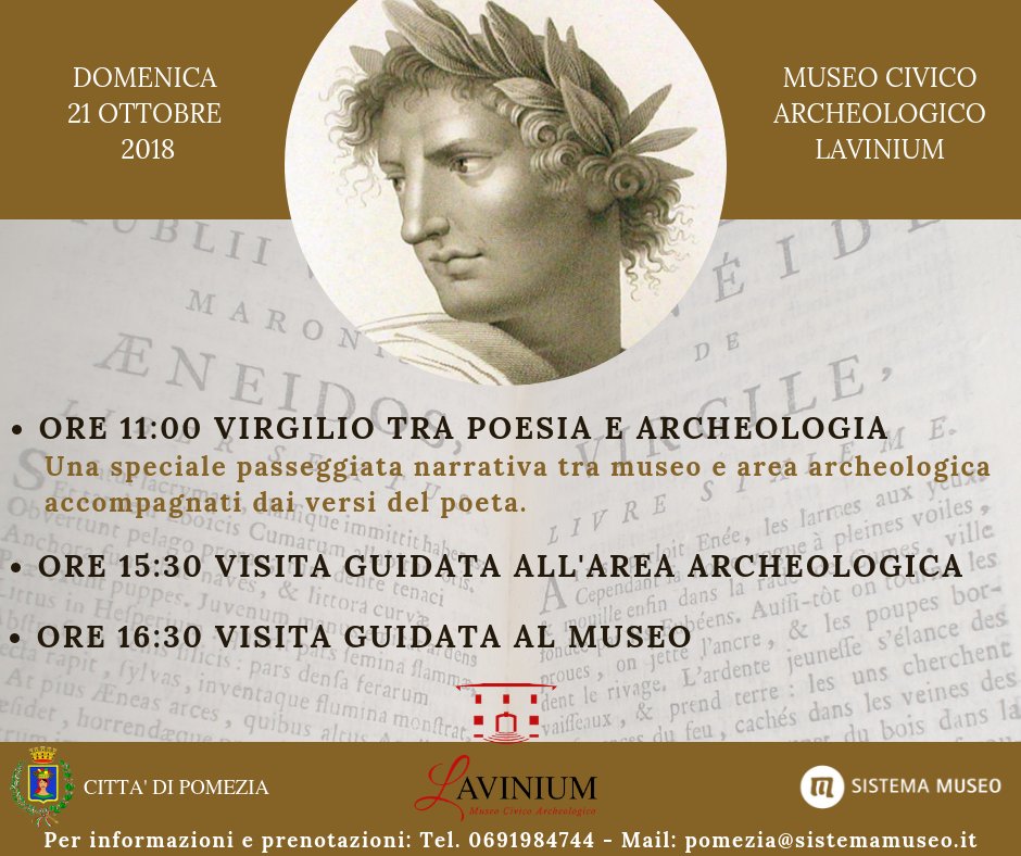 #Domenica 21 ottobre passa la giornata al <a href="/MuseoLavinium/">Museo Civico Archeologico Lavinium</a>! #visiteguidate, #passeggiate narrative #archeologiche e #bigliettospeciale di 1,00 € per l'intera giornata. Vi aspettiamo! Informazioni al telefono 0691984744
<a href="/Comune_Pomezia/">Comune di Pomezia</a> <a href="/SistemaMuseo/">Sistema Museo</a>