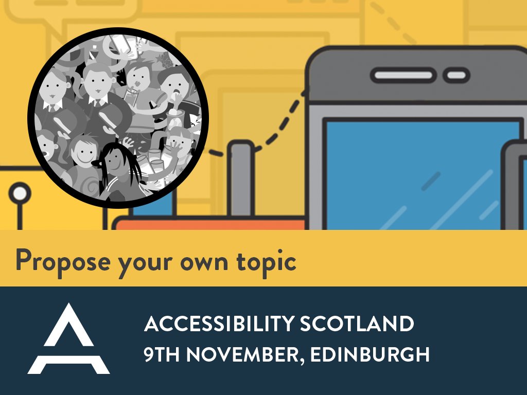 Our final speaker for this year's #a11yScotland is You!
You can propose a topic for open discussion.

Delegate examples so far include

* The Accessibility Object Model
* Voice-activated technologies 
* Accessibility and recruitment

Get your ticket now at tinyurl.com/a11yScotlandTi…