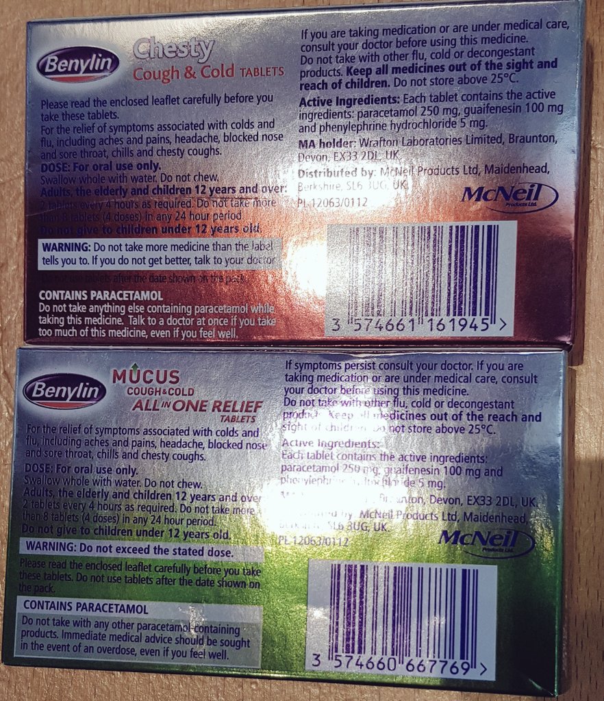 MartinSLewis's tweet photo. Two Benylin cold &amp; flu packs, in the chemist just now. One for mucus coughs, one chesty. Yet look just above the barcode and both say PL (product licence) 12063/0112 meaning they're IDENTICAL tablets (not just same active ingredient).

PS and, yes, I always buy generic anyway https://t.co/ebHHQfnalV