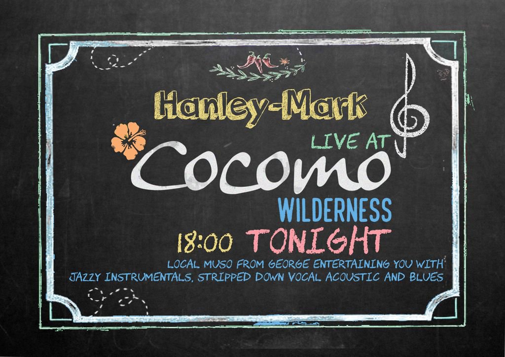 Hanley Mark is a Local Muso from George entertaining you with jazzy instrumentals, stripped down vocal acoustic and blues vocas. An absolute legend on guitar, do not miss him, live from 6...
=
#hanleymark #cocomorestaurant #wilderness #livemusiceveryday